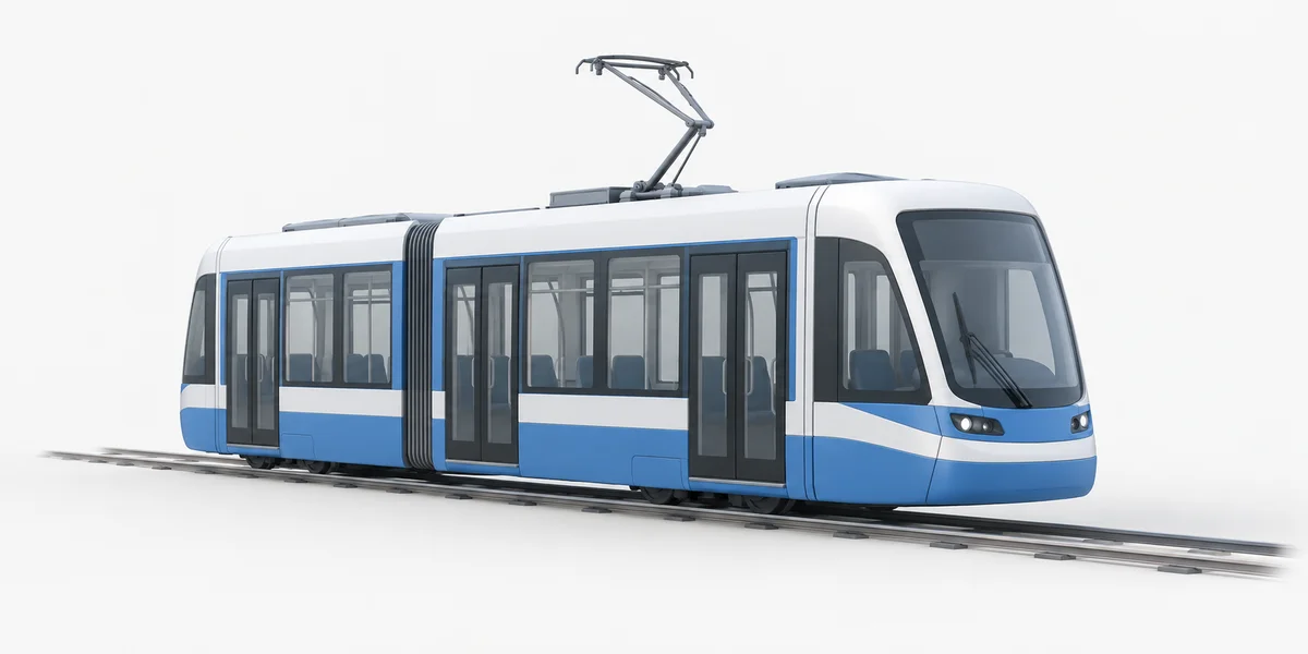 Illustrazione di un tram elettrico blu e bianco su un tratto di binari